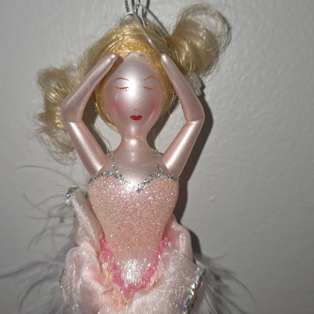de carlini Glass Ballerina Ornament Feather Dress Tutu Glitter Blonde Dancer